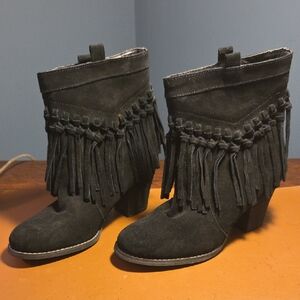 Sbicca Black Suede Fringe Heeled Boots